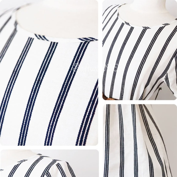 Cream Navy Blue Vertical Stripe Linen Cotton Dress - Picture 7 of 8